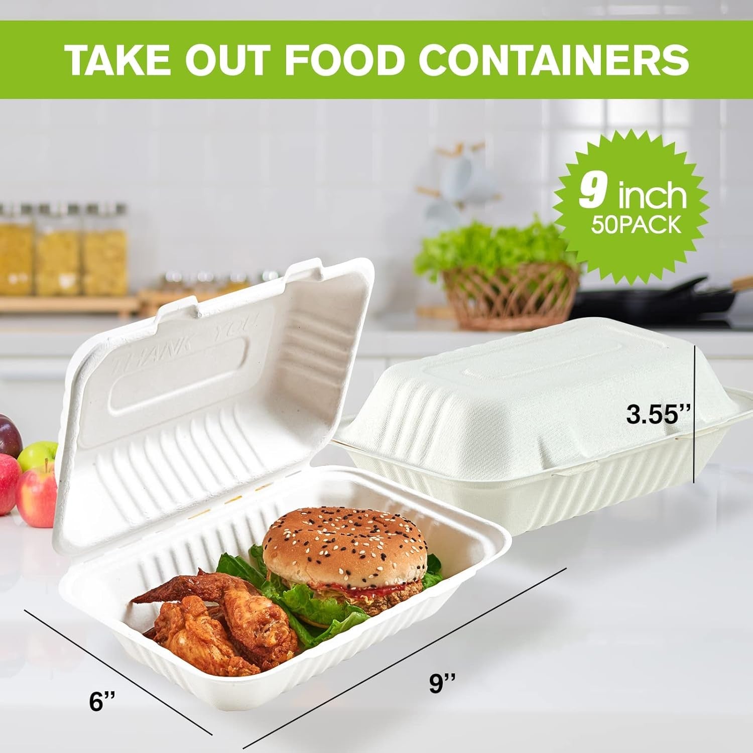 75 Pack Clamshell Take Out Food Containers, 9X6" Disposable To-Go Boxes for Meal
