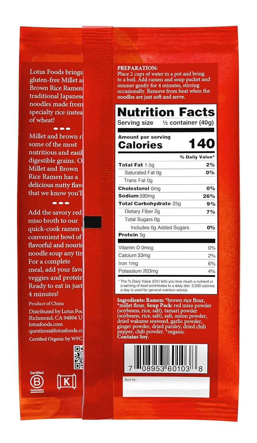 Bulk Food Organic Millet & Brown Rice Ramen Noodles with Red Miso So