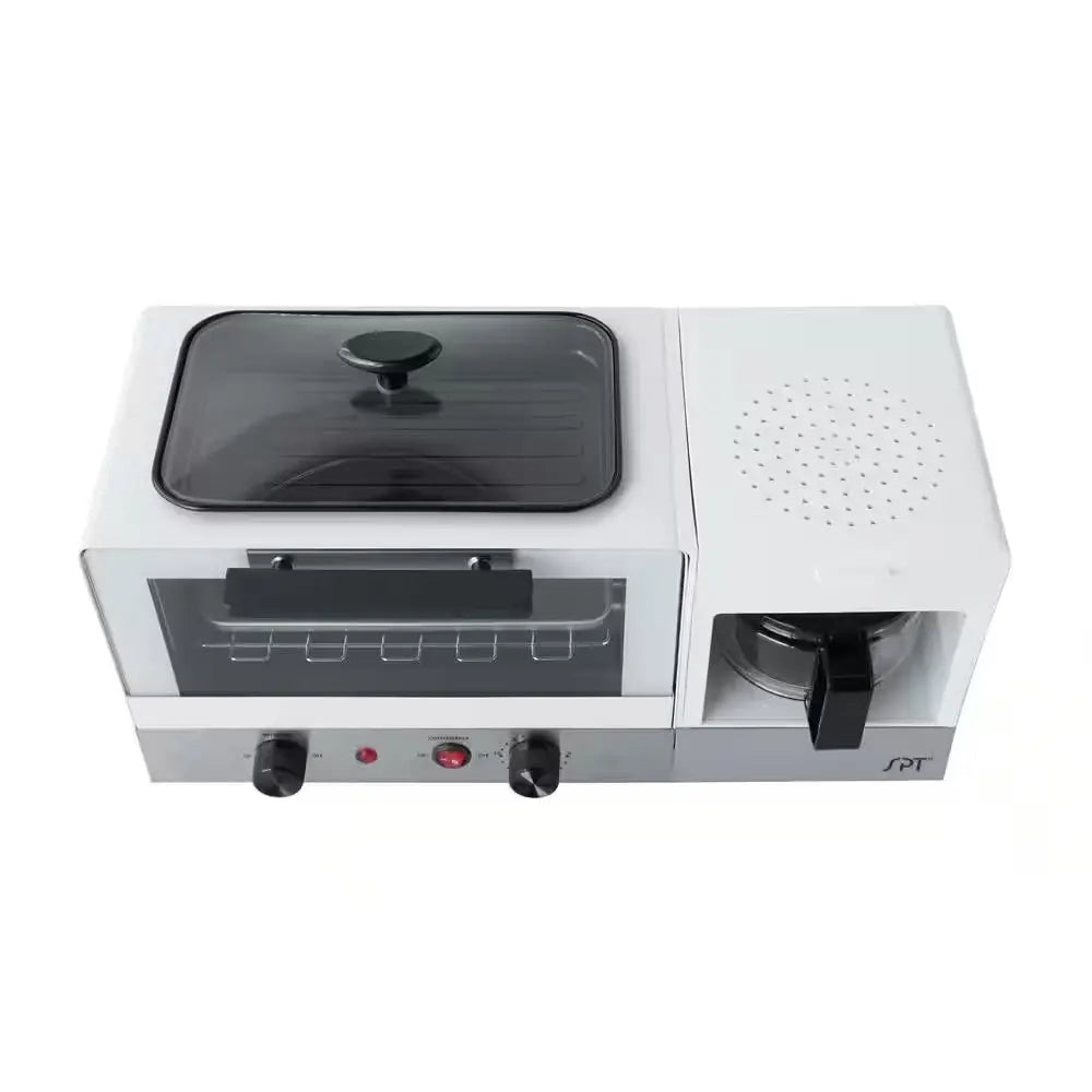 Breakfast Center 1450 W 2-Slice White and Stainless Steel Toaster Oven with Griddle and Coffee Maker