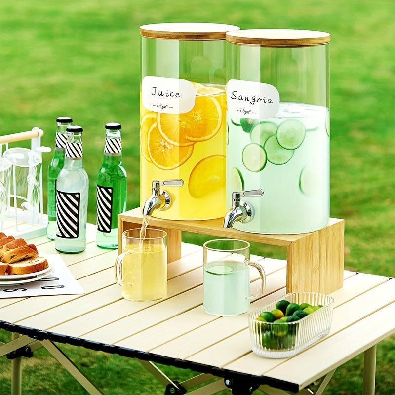 1.5 Gallon Large Capacity Drink Dispenser - Iced Beverage Dispensers with Stand, Stainless Steel Spigot, 8 Waterproof Labels, Bamboo Lid, Borosilicate Glass - Perfect for Parties, Outdoor Events, Lemonade, Juice, and Iced Tea Chef's Market