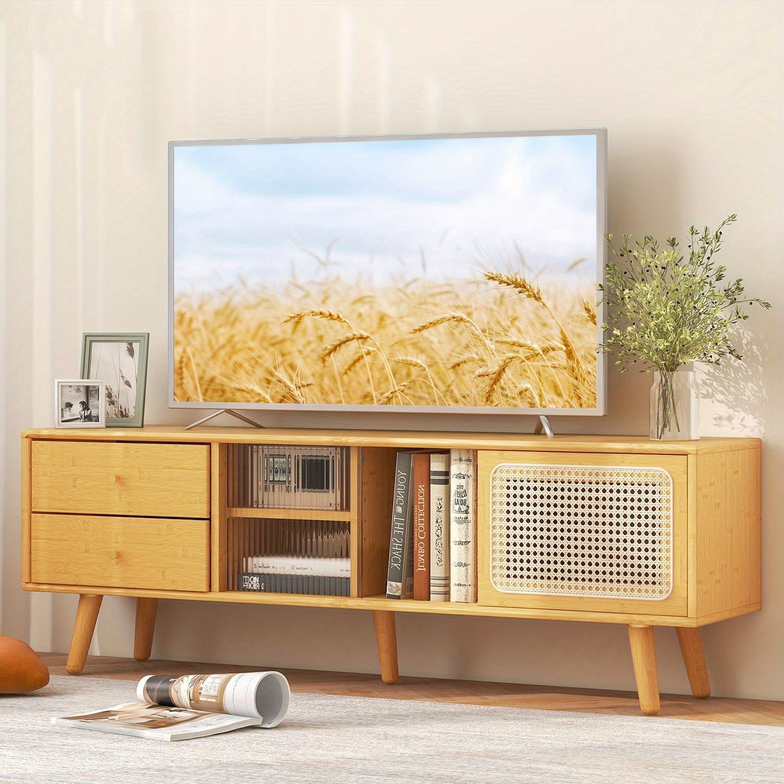 Costway Bamboo TV Stand Console Table w/ PE Rattan  Door & 2 Drawers for TV up to 65" Chef's Market