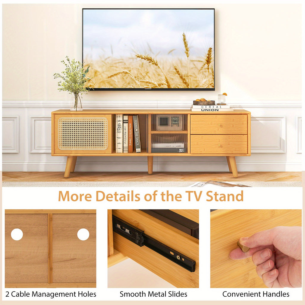 Costway Bamboo TV Stand Console Table w/ PE Rattan  Door & 2 Drawers for TV up to 65" Chef's Market