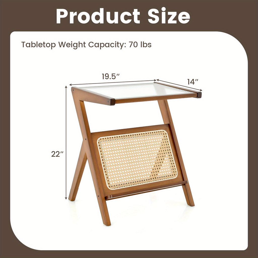 1 Piece Modern Bamboo Rattan Side Table with Tempered Glass Top and Walnut Finish - Sturdy Leg Base, Space-Saving Design, Easy Assembly - COSTWAY Brand Chef's Market