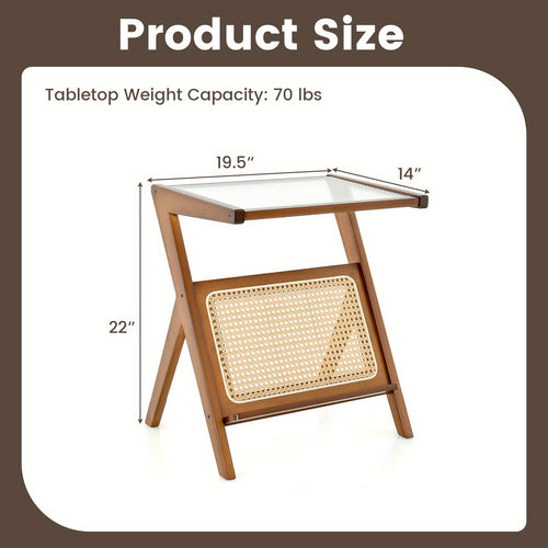 1 Piece Modern Bamboo Rattan Side Table with Tempered Glass Top and Walnut Finish - Sturdy Leg Base, Space-Saving Design, Easy Assembly - COSTWAY Brand Chef's Market