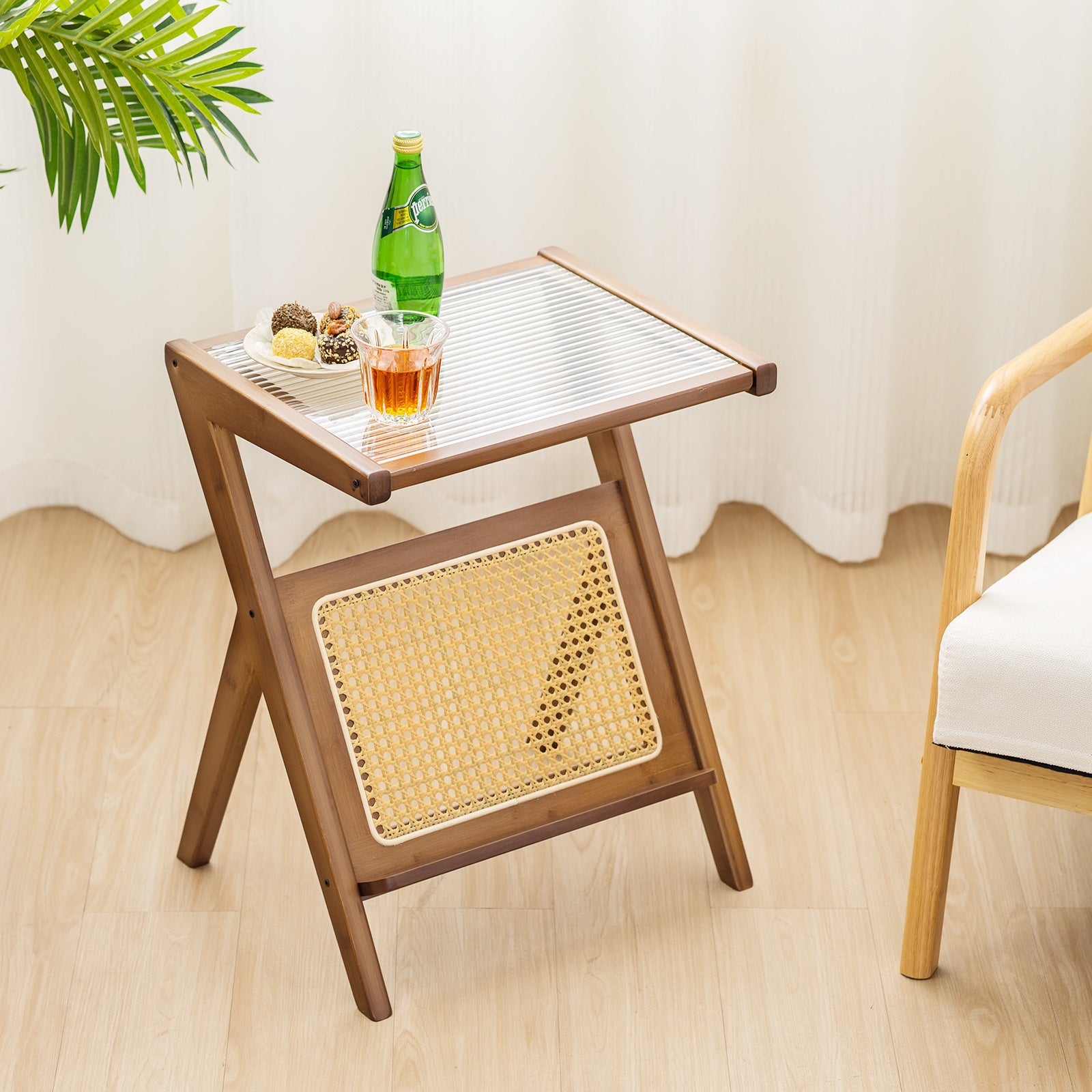 1 Piece Modern Bamboo Rattan Side Table with Tempered Glass Top and Walnut Finish - Sturdy Leg Base, Space-Saving Design, Easy Assembly - COSTWAY Brand Chef's Market