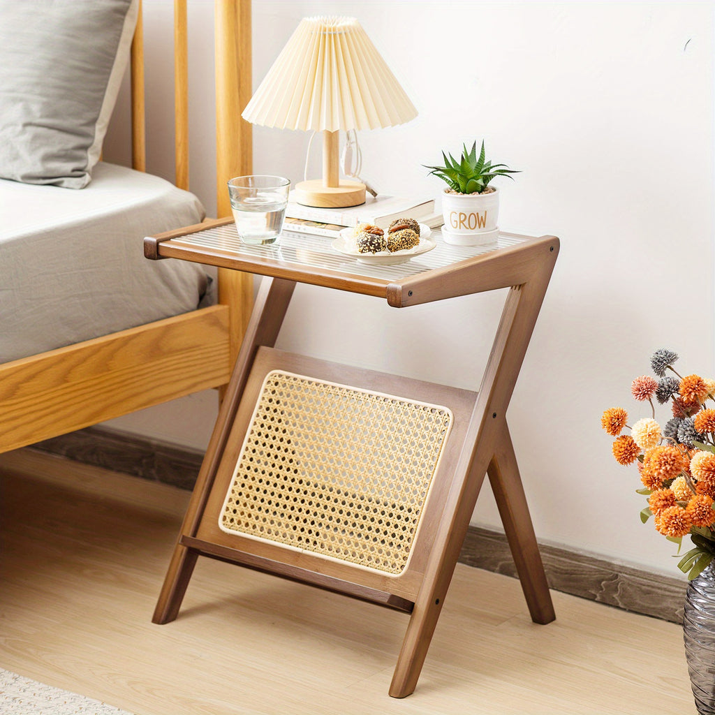 1 Piece Modern Bamboo Rattan Side Table with Tempered Glass Top and Walnut Finish - Sturdy Leg Base, Space-Saving Design, Easy Assembly - COSTWAY Brand Chef's Market