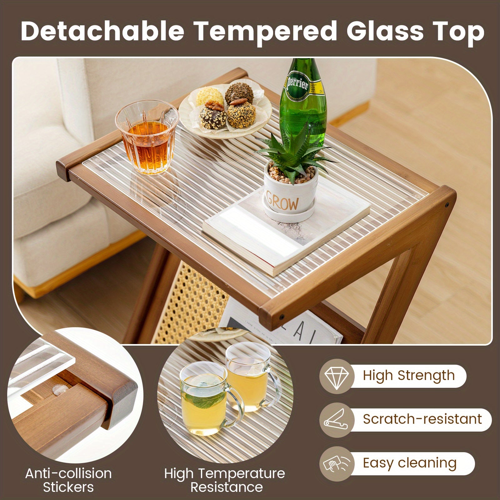 1 Piece Modern Bamboo Rattan Side Table with Tempered Glass Top and Walnut Finish - Sturdy Leg Base, Space-Saving Design, Easy Assembly - COSTWAY Brand Chef's Market