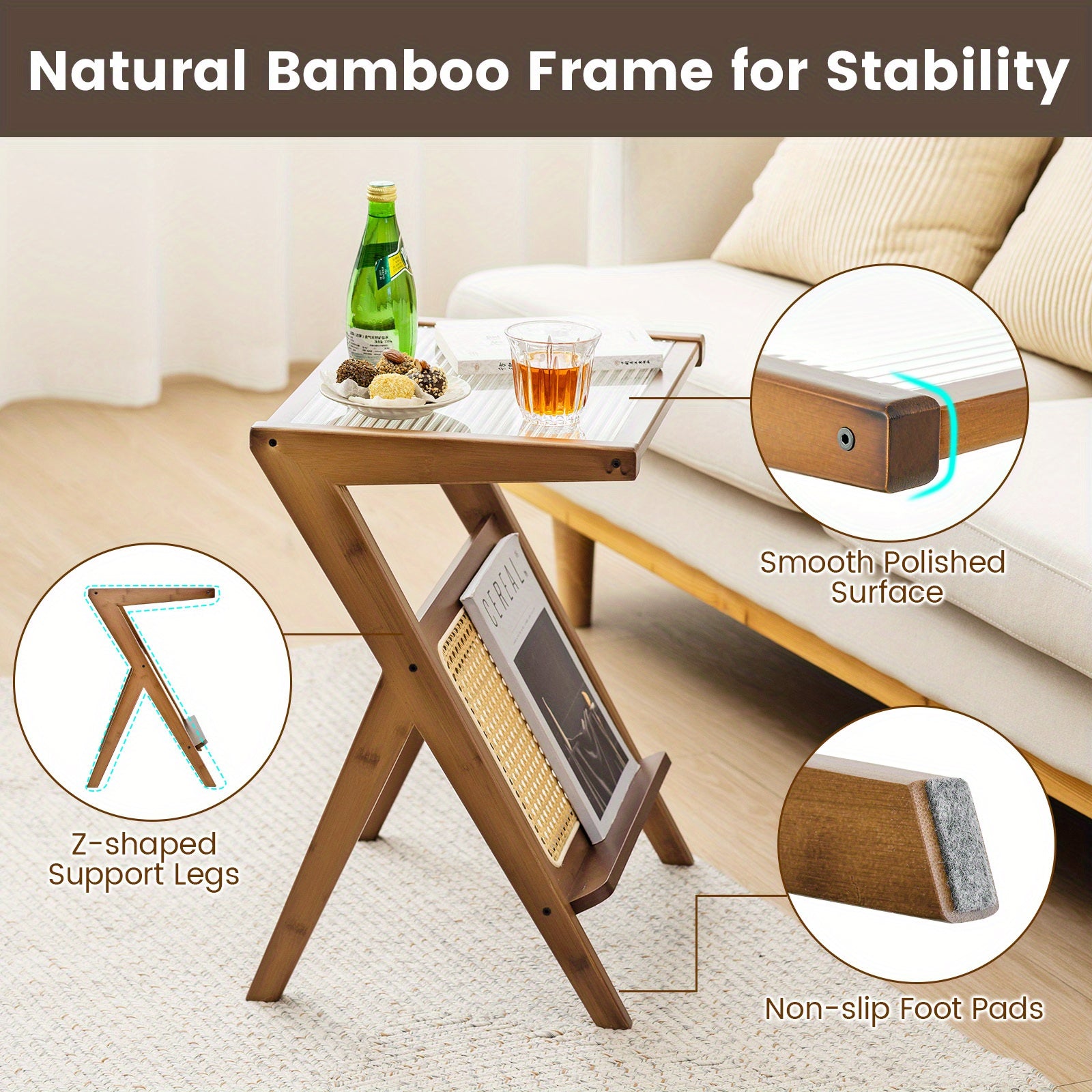 1 Piece Modern Bamboo Rattan Side Table with Tempered Glass Top and Walnut Finish - Sturdy Leg Base, Space-Saving Design, Easy Assembly - COSTWAY Brand Chef's Market