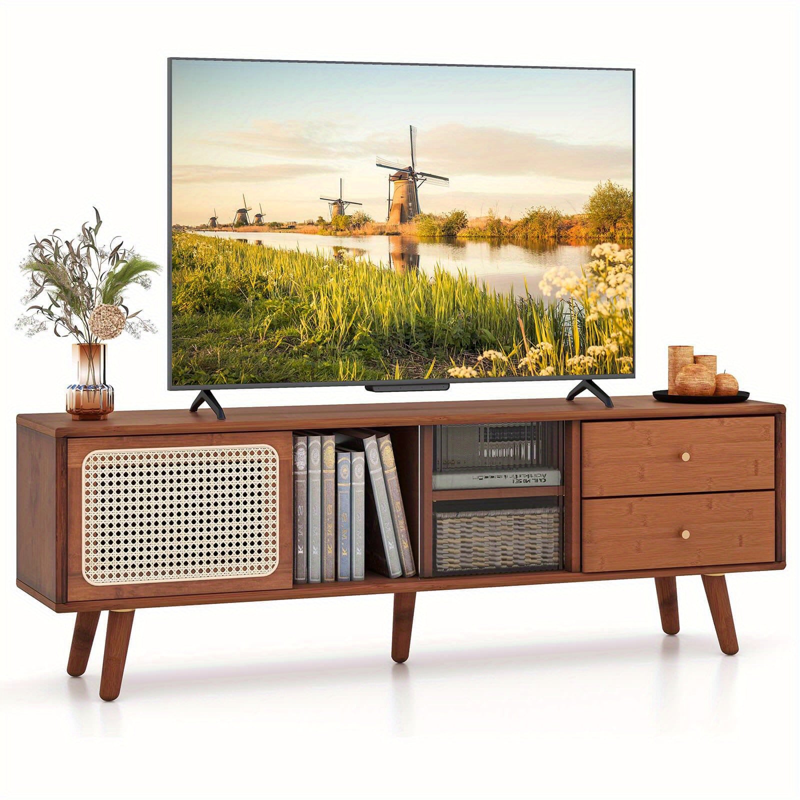 Gymax Bamboo TV Stand Console Table w/ PE Rattan  Door & 2 Drawers for TV up to 65" Chef's Market