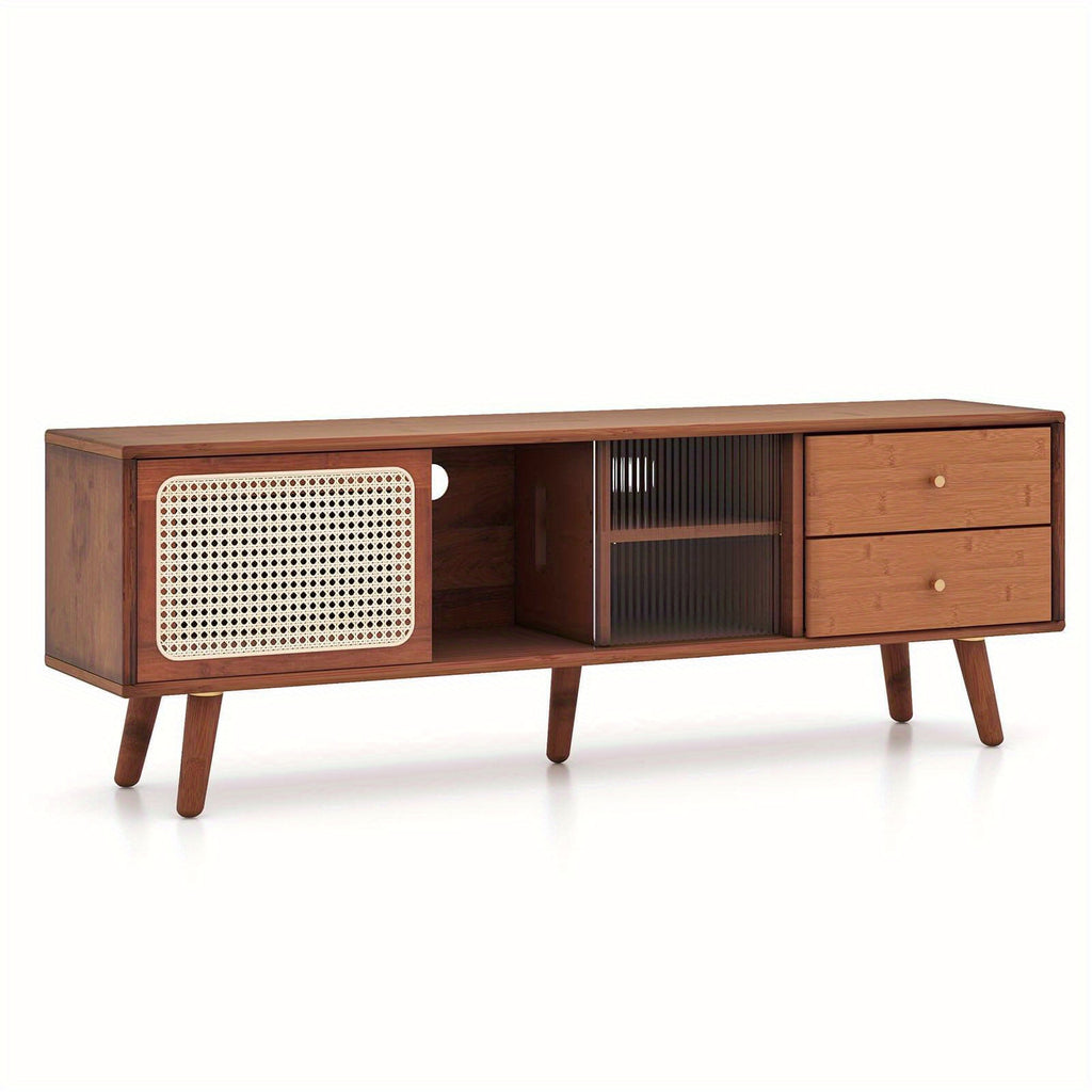 Gymax Bamboo TV Stand Console Table w/ PE Rattan  Door & 2 Drawers for TV up to 65" Chef's Market