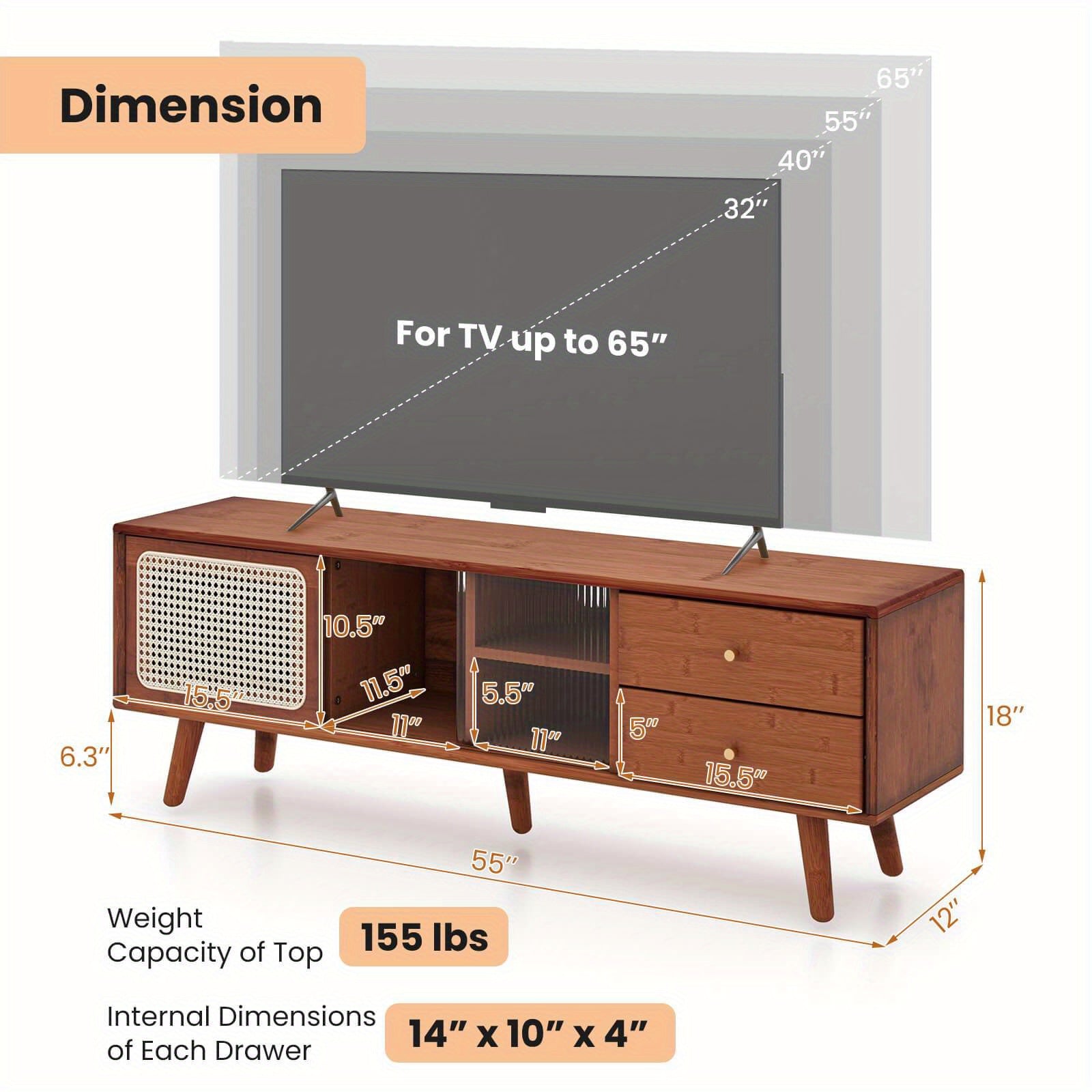 Gymax Bamboo TV Stand Console Table w/ PE Rattan  Door & 2 Drawers for TV up to 65" Chef's Market