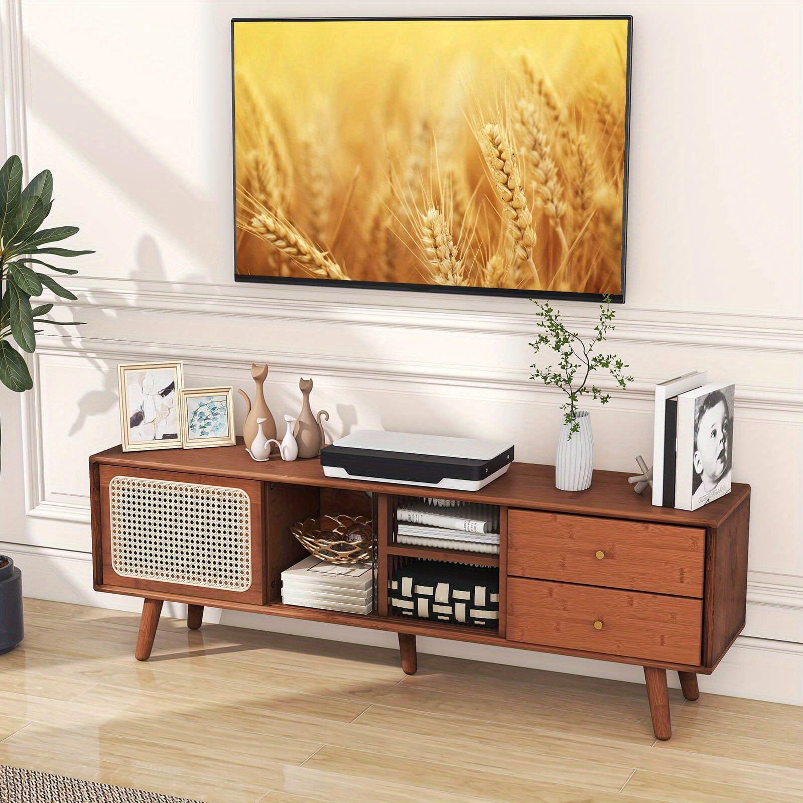 Gymax Bamboo TV Stand Console Table w/ PE Rattan  Door & 2 Drawers for TV up to 65" Chef's Market