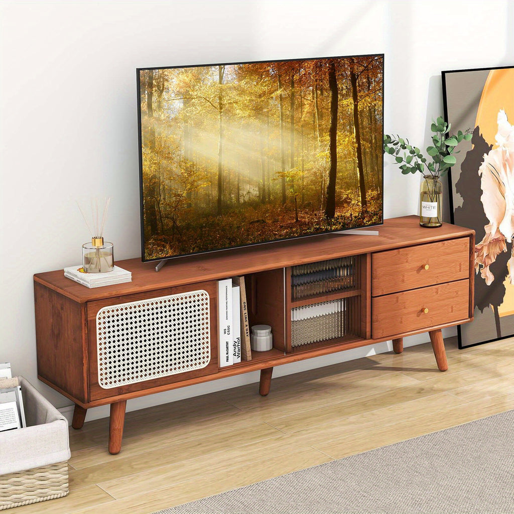 Gymax Bamboo TV Stand Console Table w/ PE Rattan  Door & 2 Drawers for TV up to 65" Chef's Market