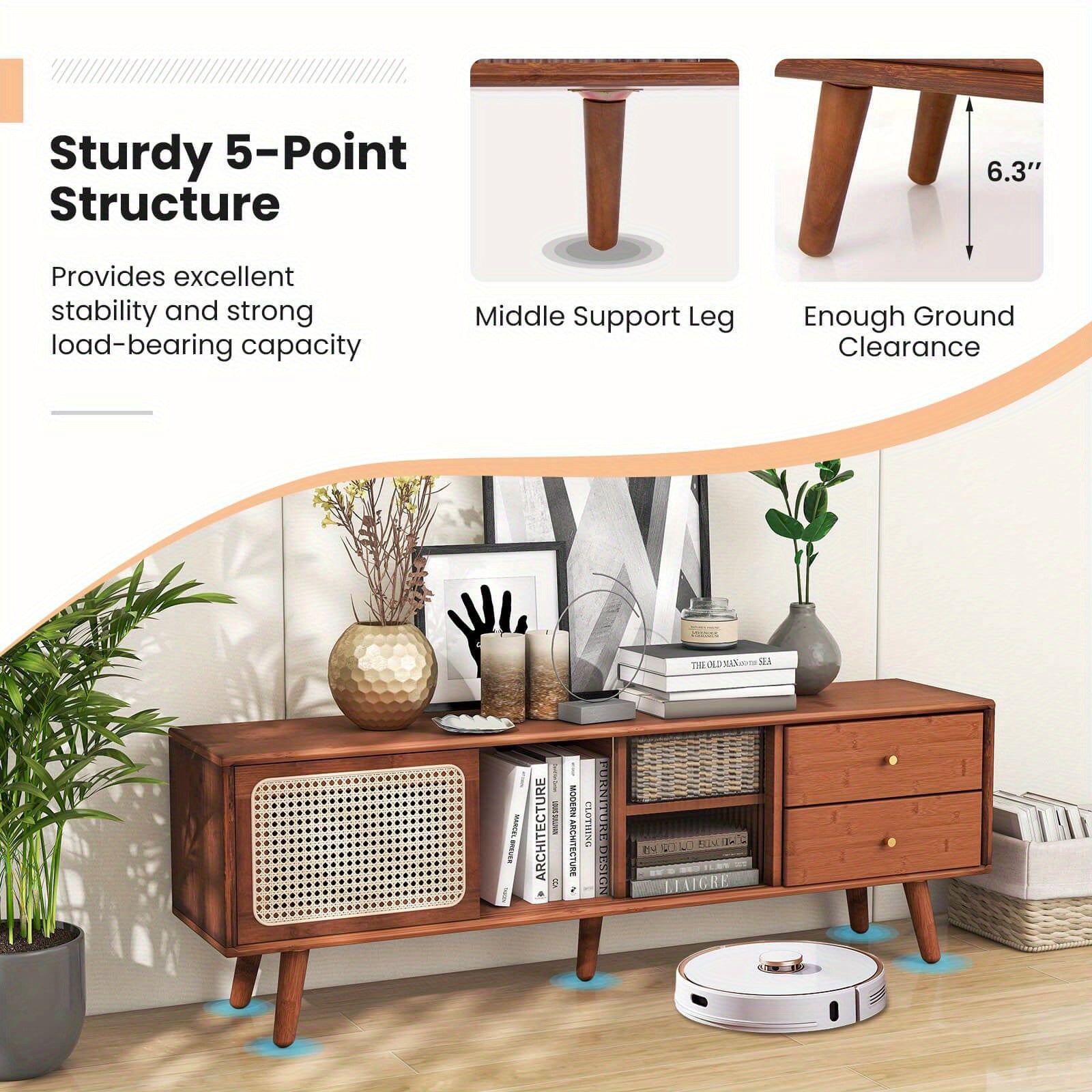 Gymax Bamboo TV Stand Console Table w/ PE Rattan  Door & 2 Drawers for TV up to 65" Chef's Market
