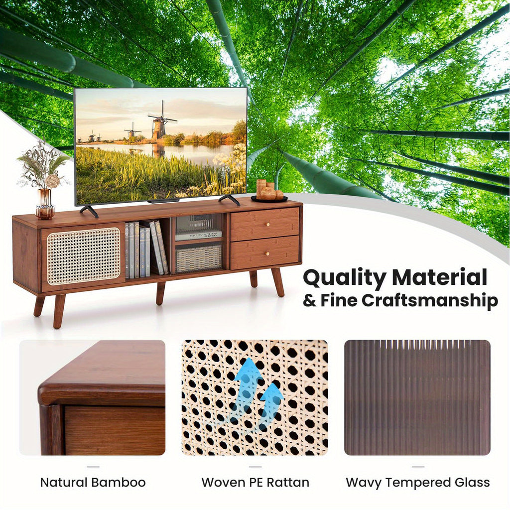 Gymax Bamboo TV Stand Console Table w/ PE Rattan  Door & 2 Drawers for TV up to 65" Chef's Market