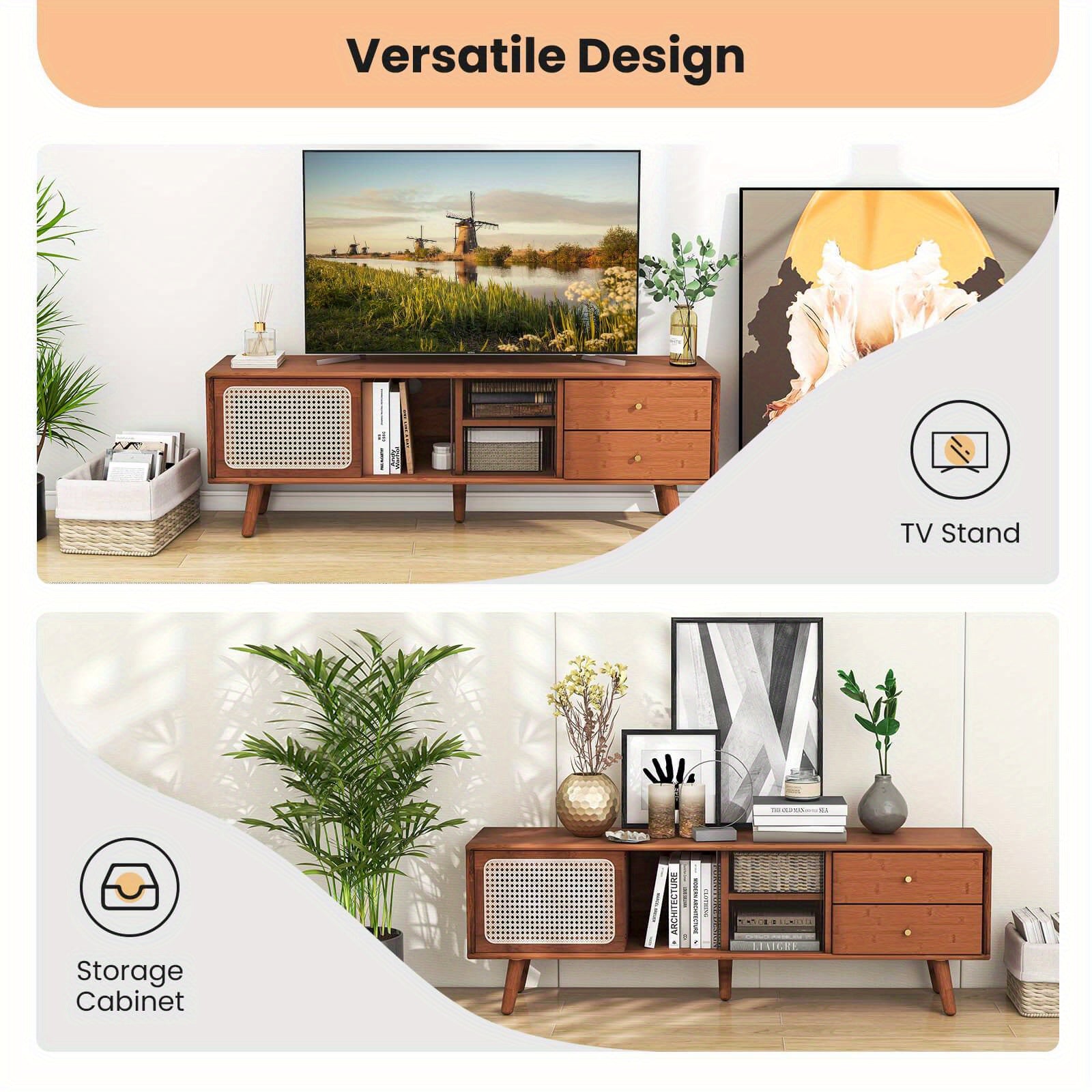 Gymax Bamboo TV Stand Console Table w/ PE Rattan  Door & 2 Drawers for TV up to 65" Chef's Market