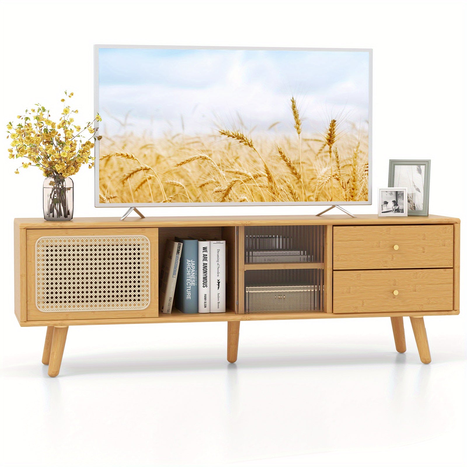Gymax Bamboo TV Stand Console Table w/ PE Rattan  Door & 2 Drawers for TV up to 65" Chef's Market
