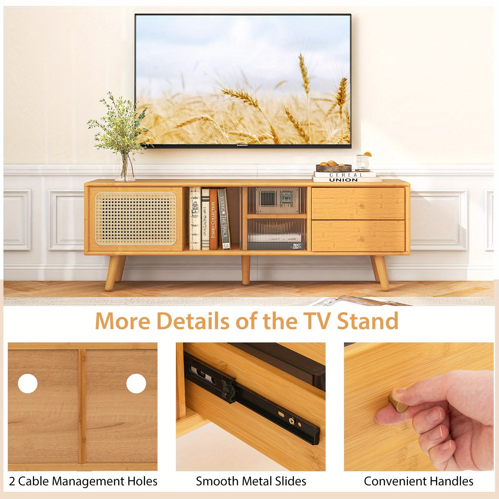 Gymax Bamboo TV Stand Console Table w/ PE Rattan  Door & 2 Drawers for TV up to 65" Chef's Market