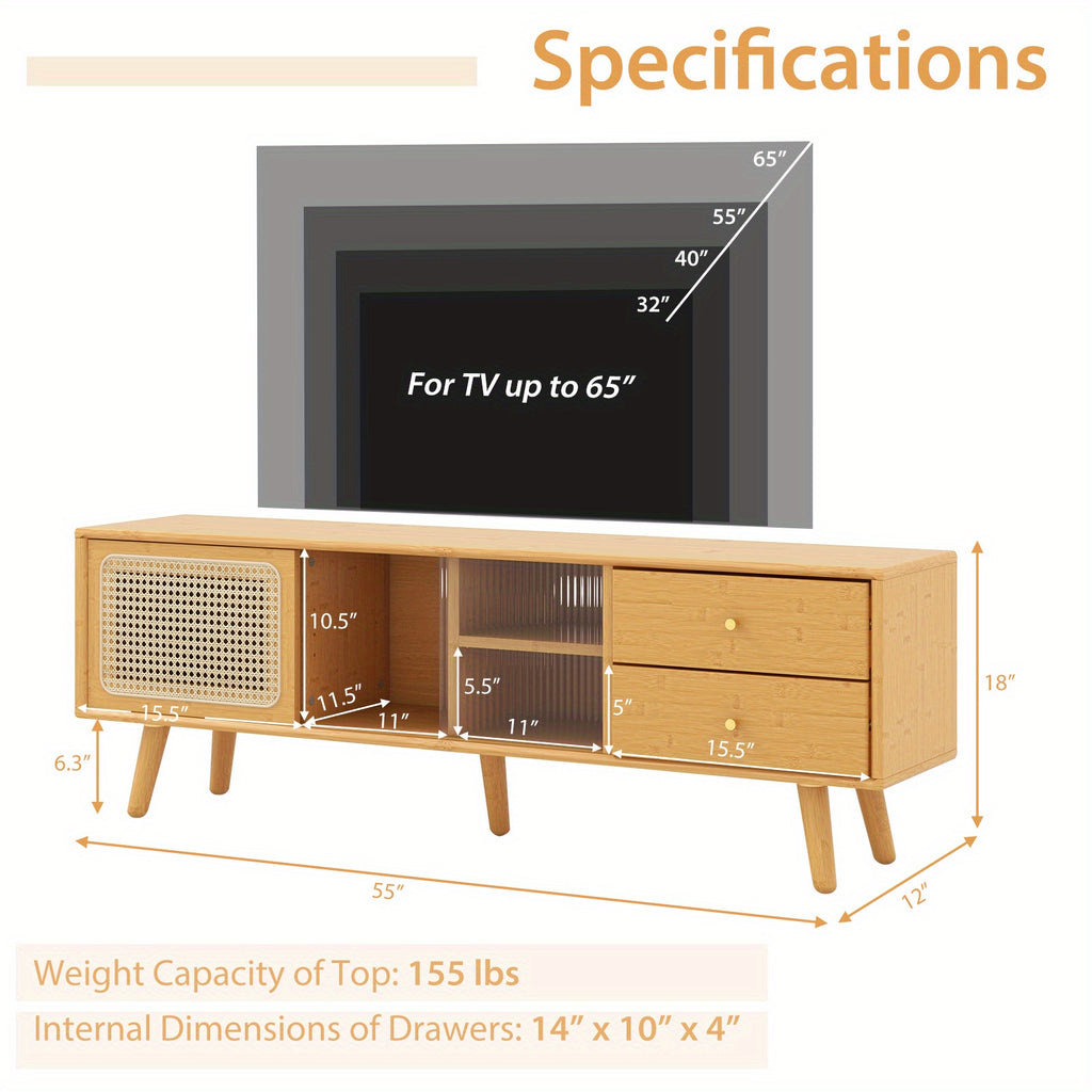 Gymax Bamboo TV Stand Console Table w/ PE Rattan  Door & 2 Drawers for TV up to 65" Chef's Market