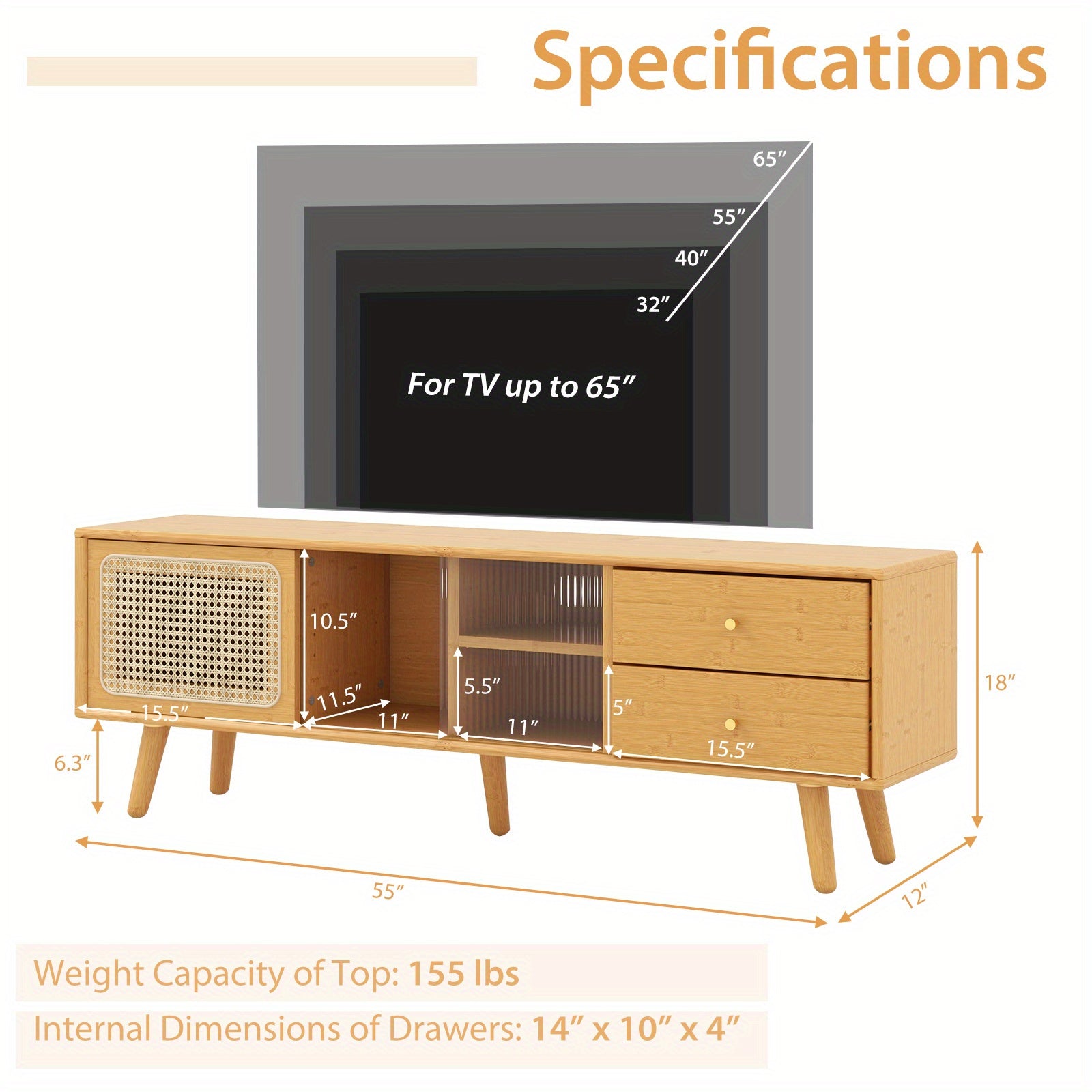 Gymax Bamboo TV Stand Console Table w/ PE Rattan  Door & 2 Drawers for TV up to 65" Chef's Market