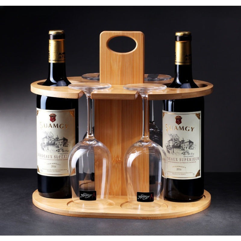 Elegant Bamboo Wine Rack with High-Footed Glass Holder - Portable Outdoor & Kitchen Decor Chef's Market