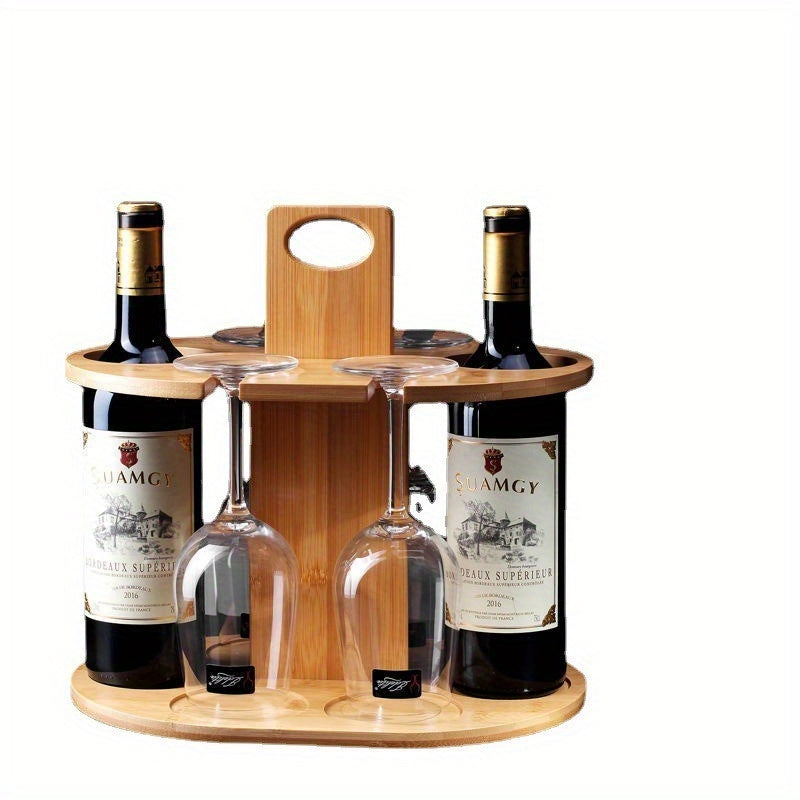 Elegant Bamboo Wine Rack with High-Footed Glass Holder - Portable Outdoor & Kitchen Decor Chef's Market
