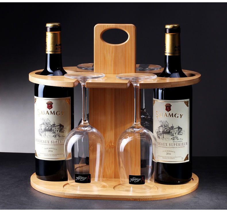 Elegant Bamboo Wine Rack with High-Footed Glass Holder - Portable Outdoor & Kitchen Decor Chef's Market