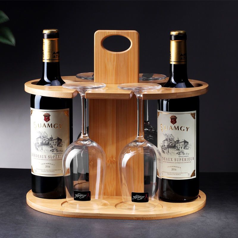 Elegant Bamboo Wine Rack with High-Footed Glass Holder - Portable Outdoor & Kitchen Decor Chef's Market