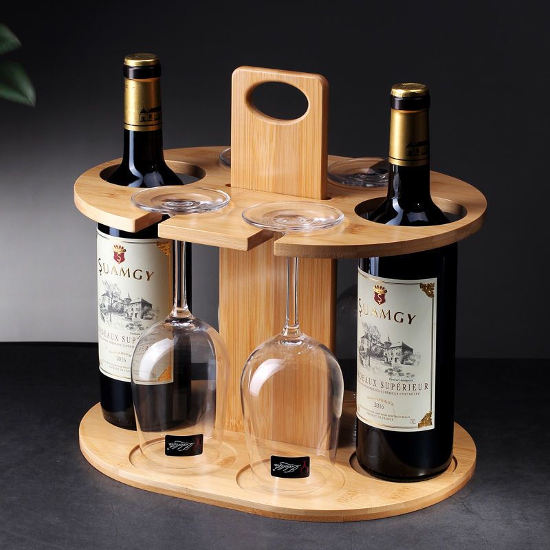 Elegant Bamboo Wine Rack with High-Footed Glass Holder - Portable Outdoor & Kitchen Decor Chef's Market