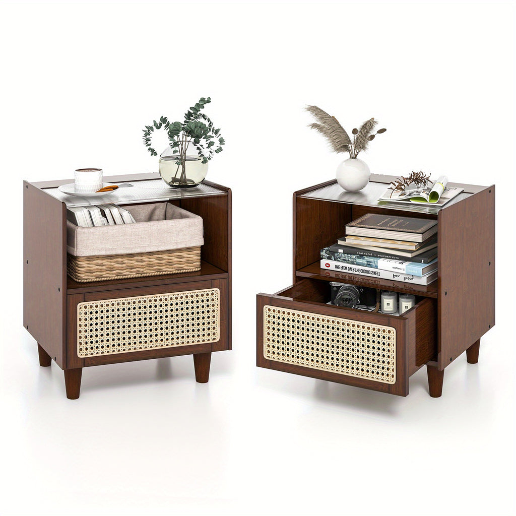 2 PCS Bohemian Chic Bamboo Rattan Nightstands - Bedside End Tables with Drawer, Wood Legs, Brown Finish, Sturdy, Space-Saving, COSTWAY Brand Chef's Market