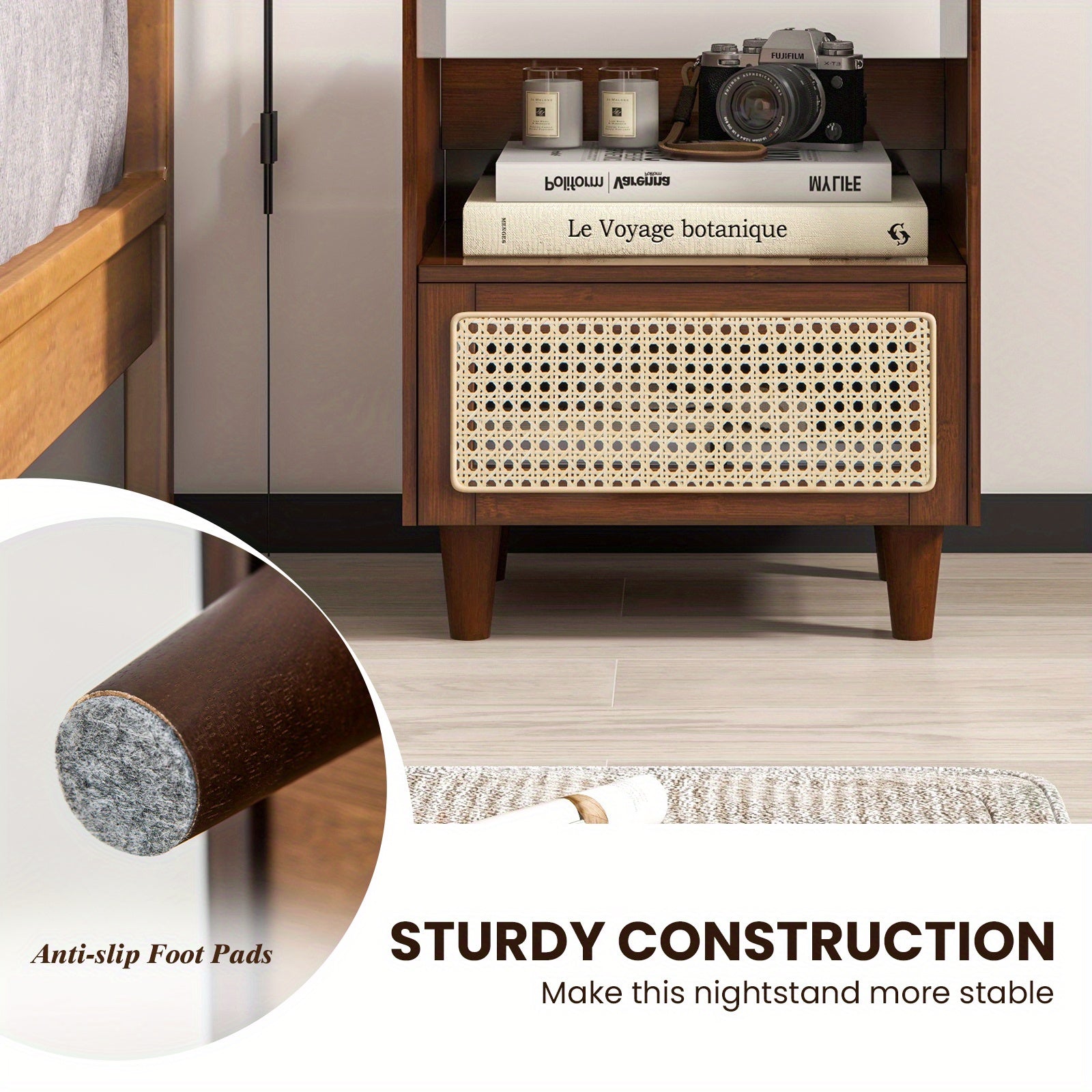 2 PCS Bohemian Chic Bamboo Rattan Nightstands - Bedside End Tables with Drawer, Wood Legs, Brown Finish, Sturdy, Space-Saving, COSTWAY Brand Chef's Market