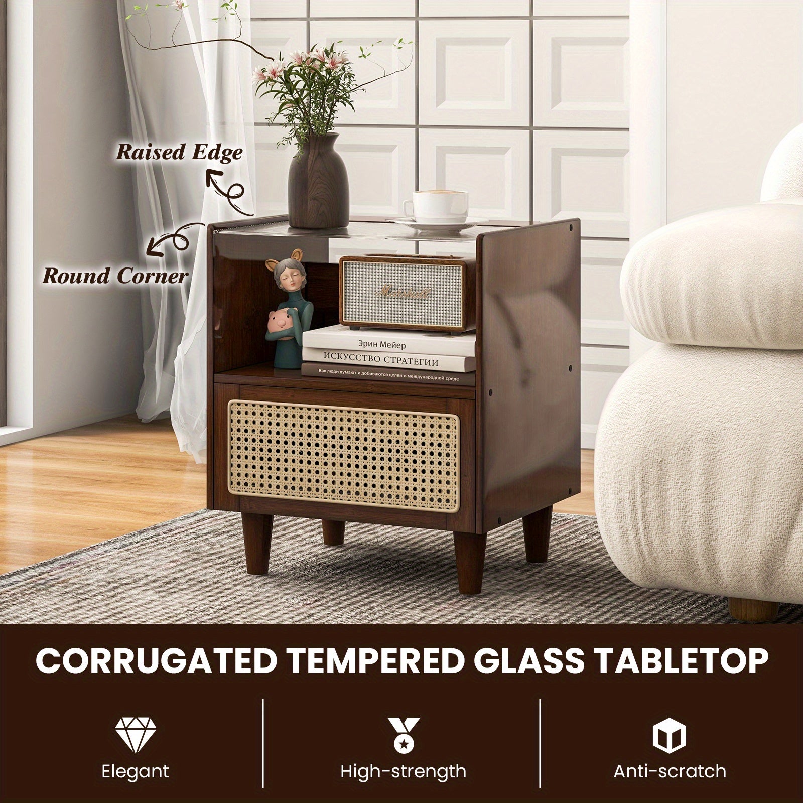 2 PCS Bohemian Chic Bamboo Rattan Nightstands - Bedside End Tables with Drawer, Wood Legs, Brown Finish, Sturdy, Space-Saving, COSTWAY Brand Chef's Market