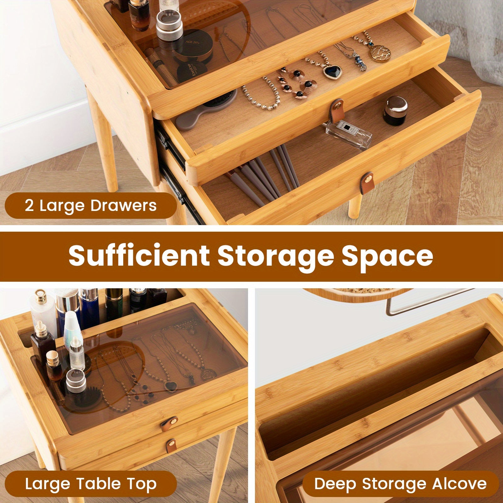 Goplus Makeup Vanity Table with Adjustable Mirror Bamboo Dressing Table 2 Drawers Chef's Market