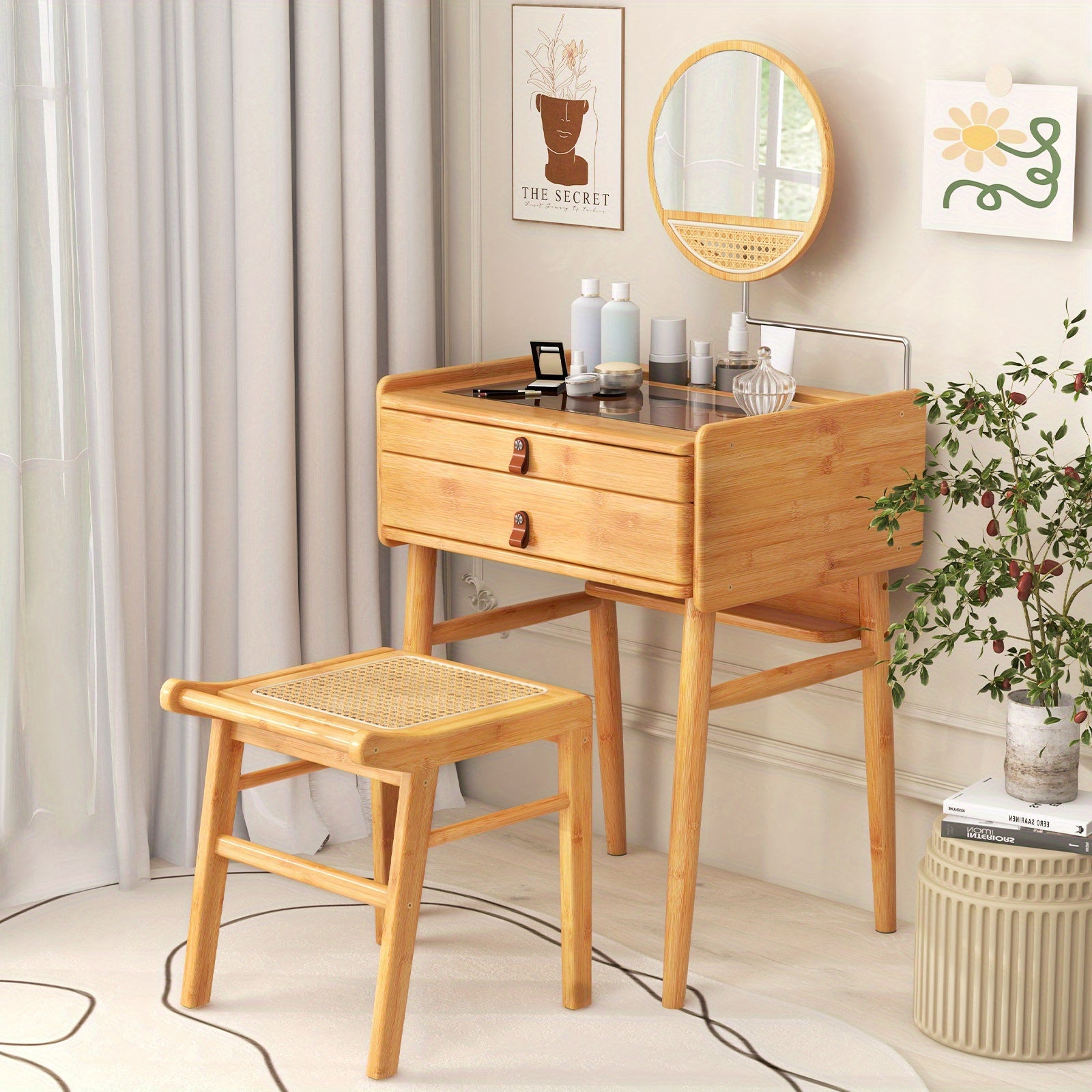 Goplus Makeup Vanity Table with Adjustable Mirror Bamboo Dressing Table 2 Drawers Chef's Market