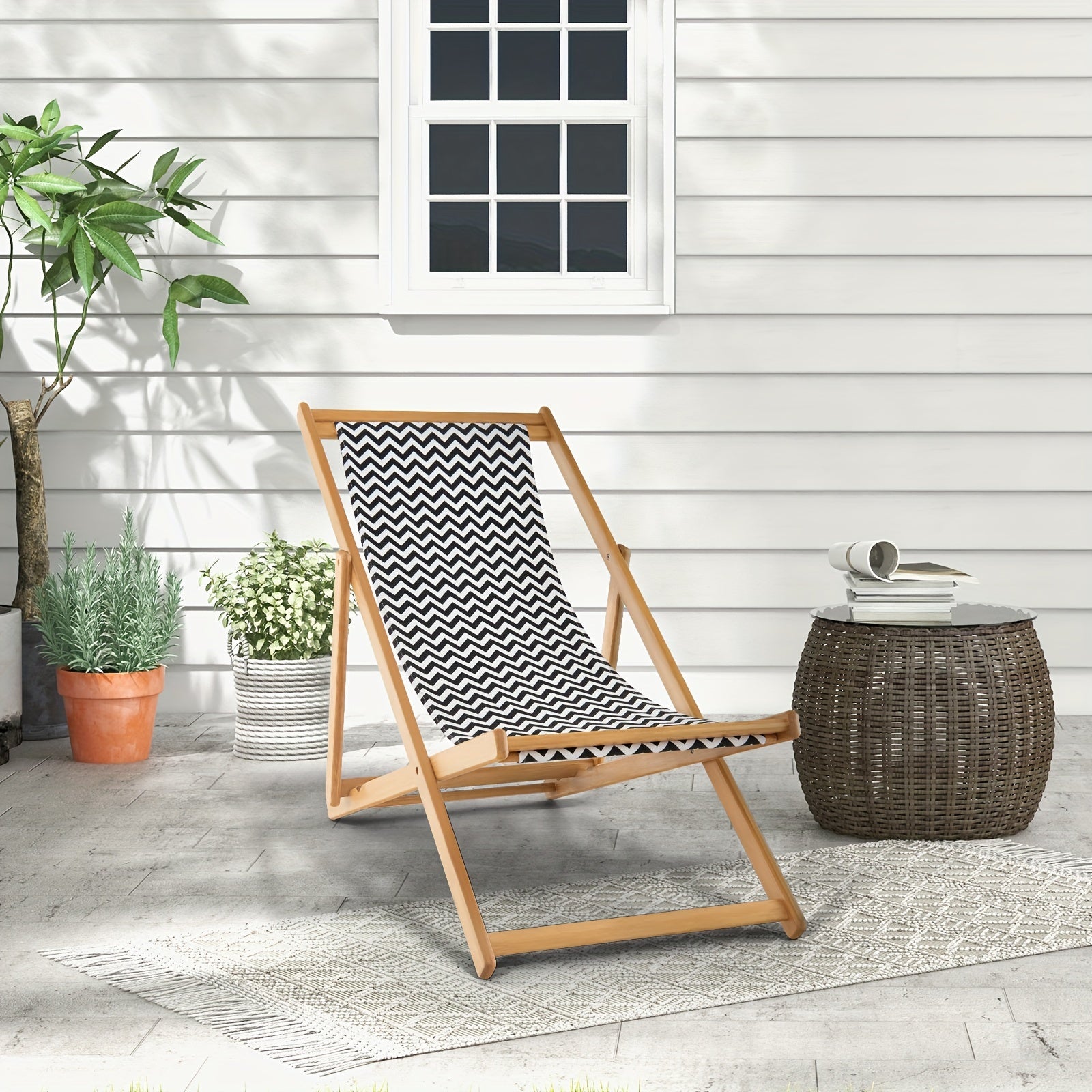 COSTWAY Folding Bamboo Sling Lounge, Portable Outdoor Reclining Canvas Chair Chef's Market