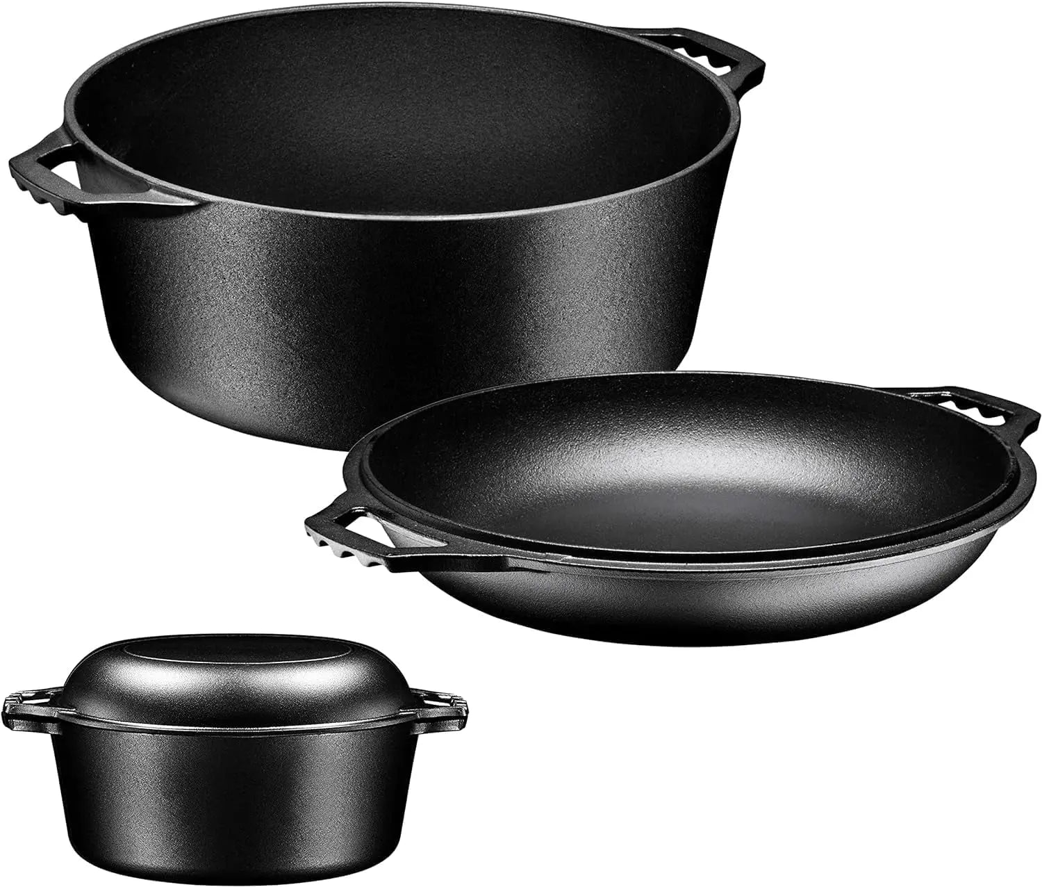 7-Quart Pre-Seasoned Cast Iron Double Dutch Oven with Skillet Lid - Versatile Heavy-Duty Casserole and Braising Pan - Oven Safe Black Cookware (14.7 x 6.9 Inches)