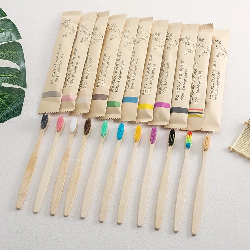 Forest 10 Count Bamboo Toothbrush, Soft Bristle for Adults, Eco Friendly Natural Wooden Toothbrushes, Vegan Organic Bamboo Travel Tooth Brush (10 Colors)