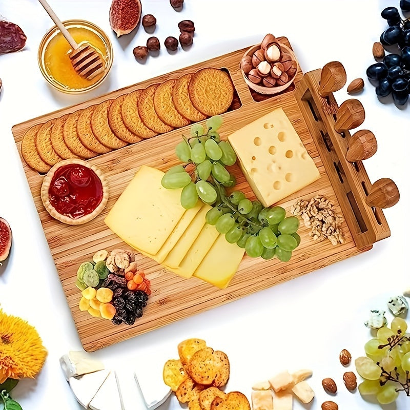 1 Set Bamboo Cheese Board Set, Cheese Tray, Charcuterie Board and Serving Meat Platter with 4 Stainless Steel Cheese Knives, Ideal for Wedding Gifts Christmas Birthday Party Chef's Market