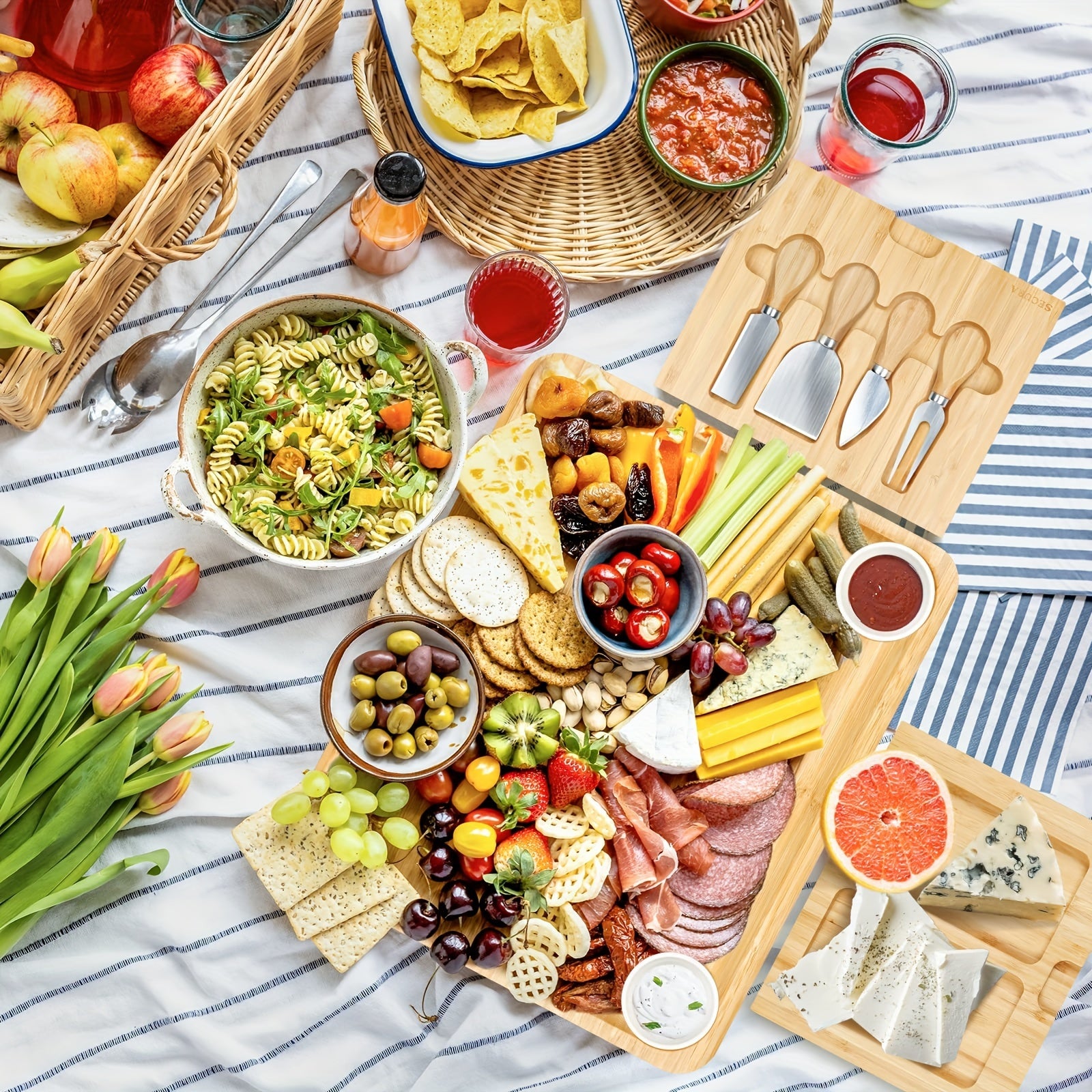 1 Set Handcrafted Bamboo Cheese Board Set - Large Charcuterie Board, Meat Platter Serving Tray, Knife Set, and 2 Ceramic Bowls - Perfect Gift for Mothers Day, Easter, Thanksgiving, Christmas, Housewarming, Wedding Anniversary Chef's Market