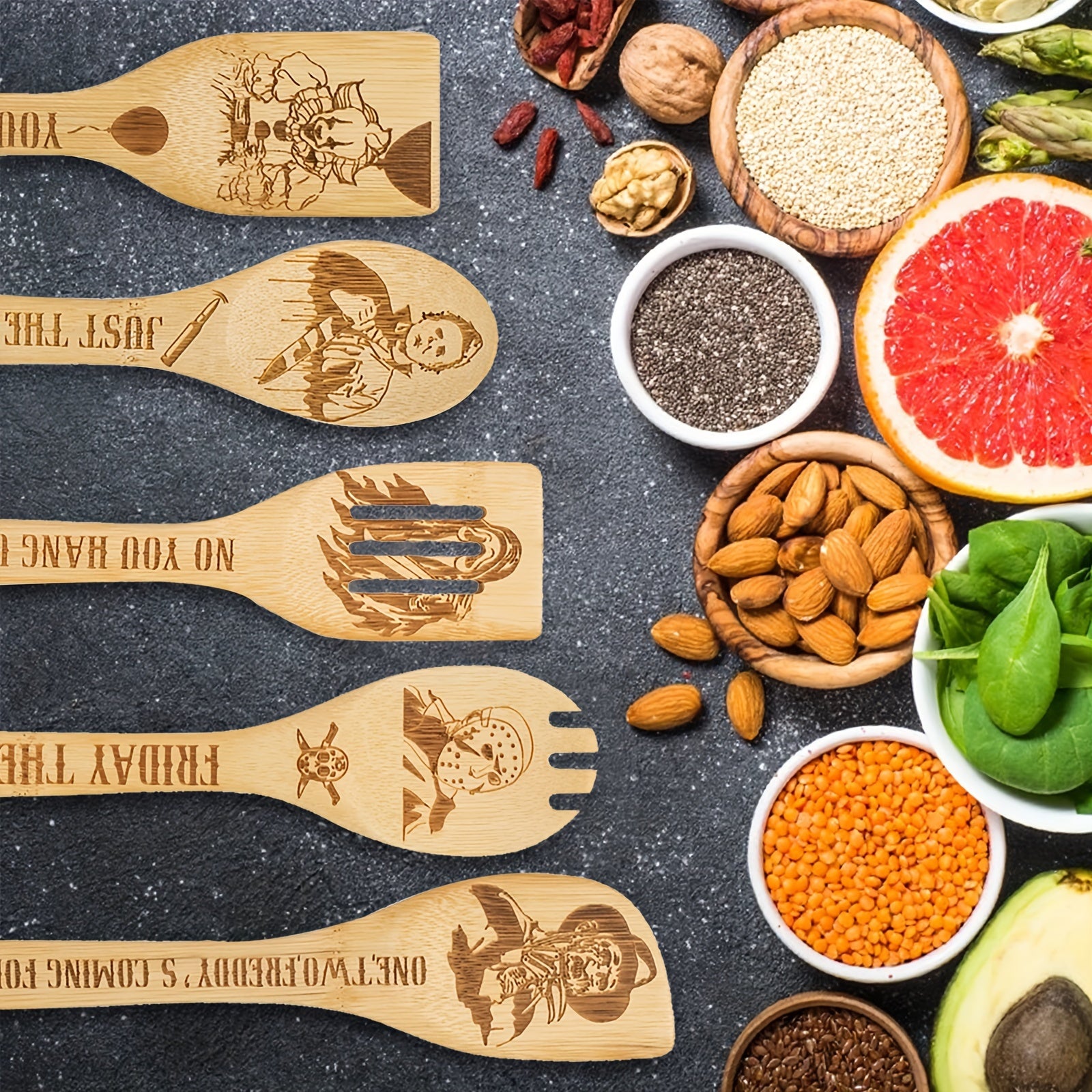 5Pcs Cooking Spoons, Funny Engraved Wooden Cooking Spoons, Horror Character Bamboo Wood Utensils, Cookware Kit, Horror Movie Theme Kitchen Decor, Gift For Movie Lover, Christmas Party Housewarming Birthday Gift Chef's Market