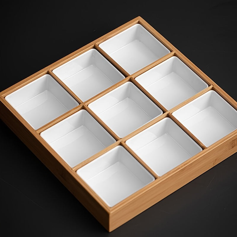 1pc Bamboo Divided Tray With Dish, Hotel Hot Pot Restaurant Cutlery, Divided Grill Tray For Sauces Around The Stove, Boiled Tea Dried Fruit Plate, For Home Restaurant Hot Pot Shop, Table Decors, Serveware Accessories Chef's Market