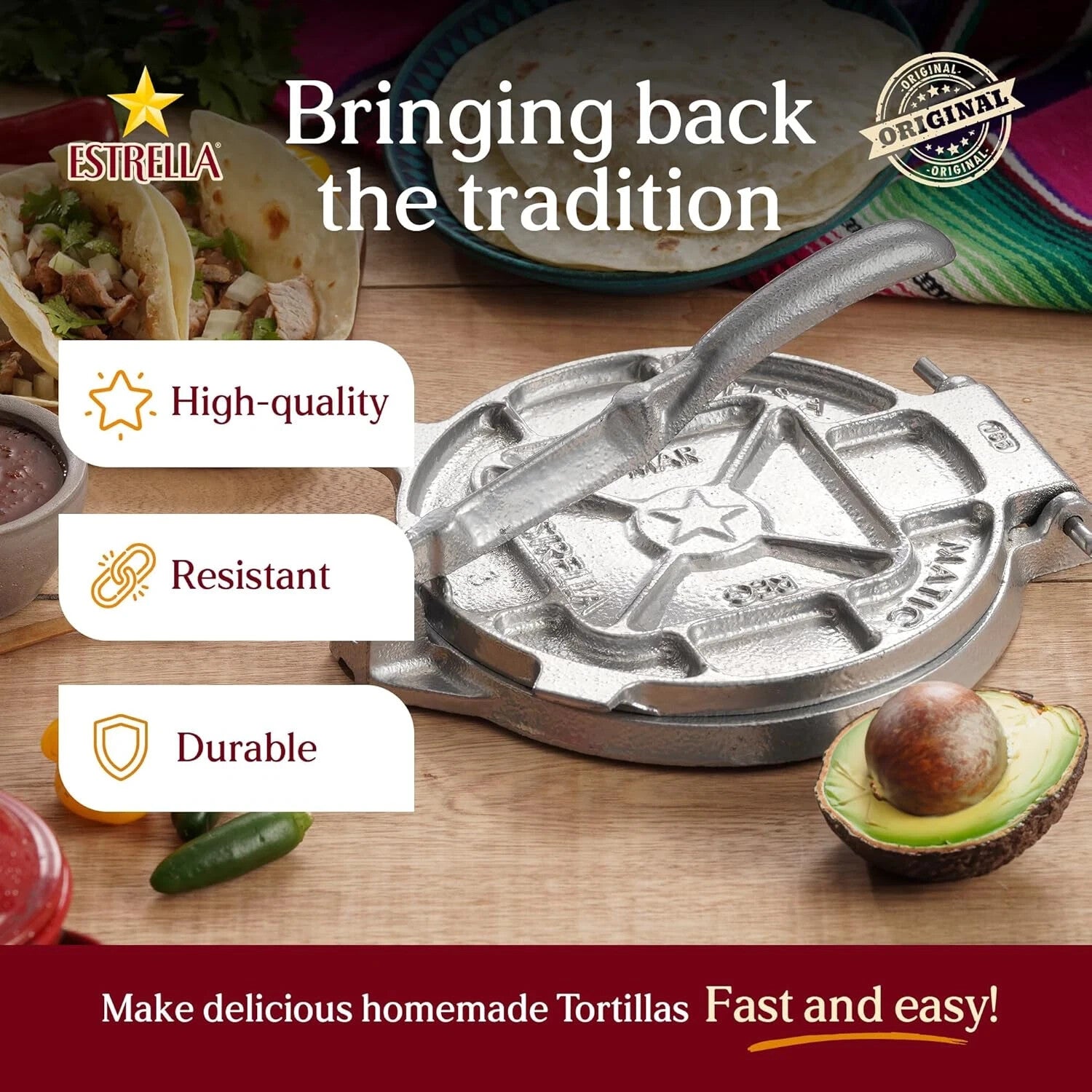 Estrella (7.5 Inch) Cast Iron Tortilla Press and Tostonera, Perfect for Mexican
