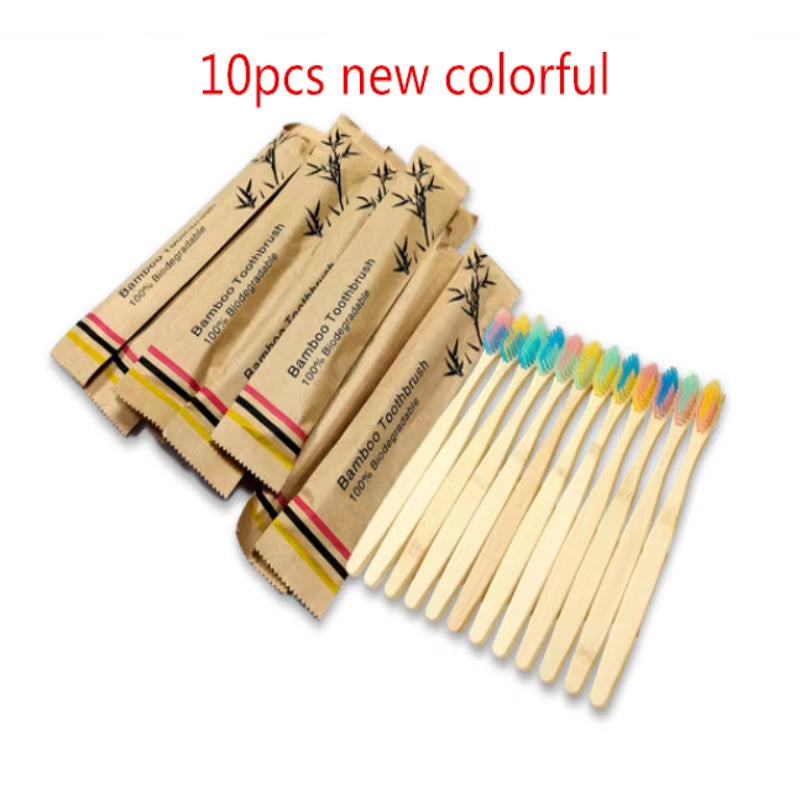 10Pcs Colorful Toothbrush Natural Bamboo Tooth Brush Set Soft Bristle Charcoal Teeth Eco Bamboo Toothbrushes Dental Oral Care