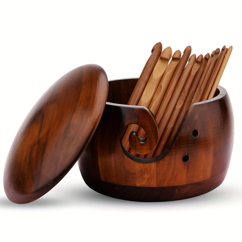Elegant 1 Set Handcrafted Wooden Yarn Bowl with Lid & 12 Bamboo Crochet Hooks - Wool Yarn Holder Organizer for Knitting Enthusiasts - Artistic Craft Storage - Perfect for Crochet Projects Chef's Market