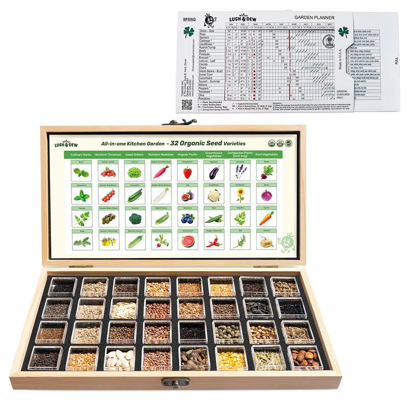 LUSH&DEW All-in-One Kitchen Garden Seed Bank - 32 Organic Garden Plant Seed Varieties with Vegetables, Herbs, Flowers, Fruits. Chef's Market