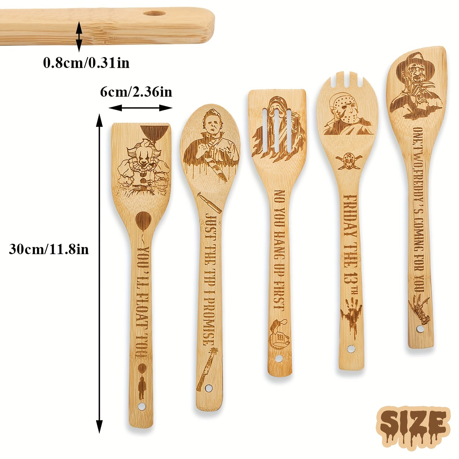 5Pcs Cooking Spoons, Funny Engraved Wooden Cooking Spoons, Horror Character Bamboo Wood Utensils, Cookware Kit, Horror Movie Theme Kitchen Decor, Gift For Movie Lover, Christmas Party Housewarming Birthday Gift Chef's Market