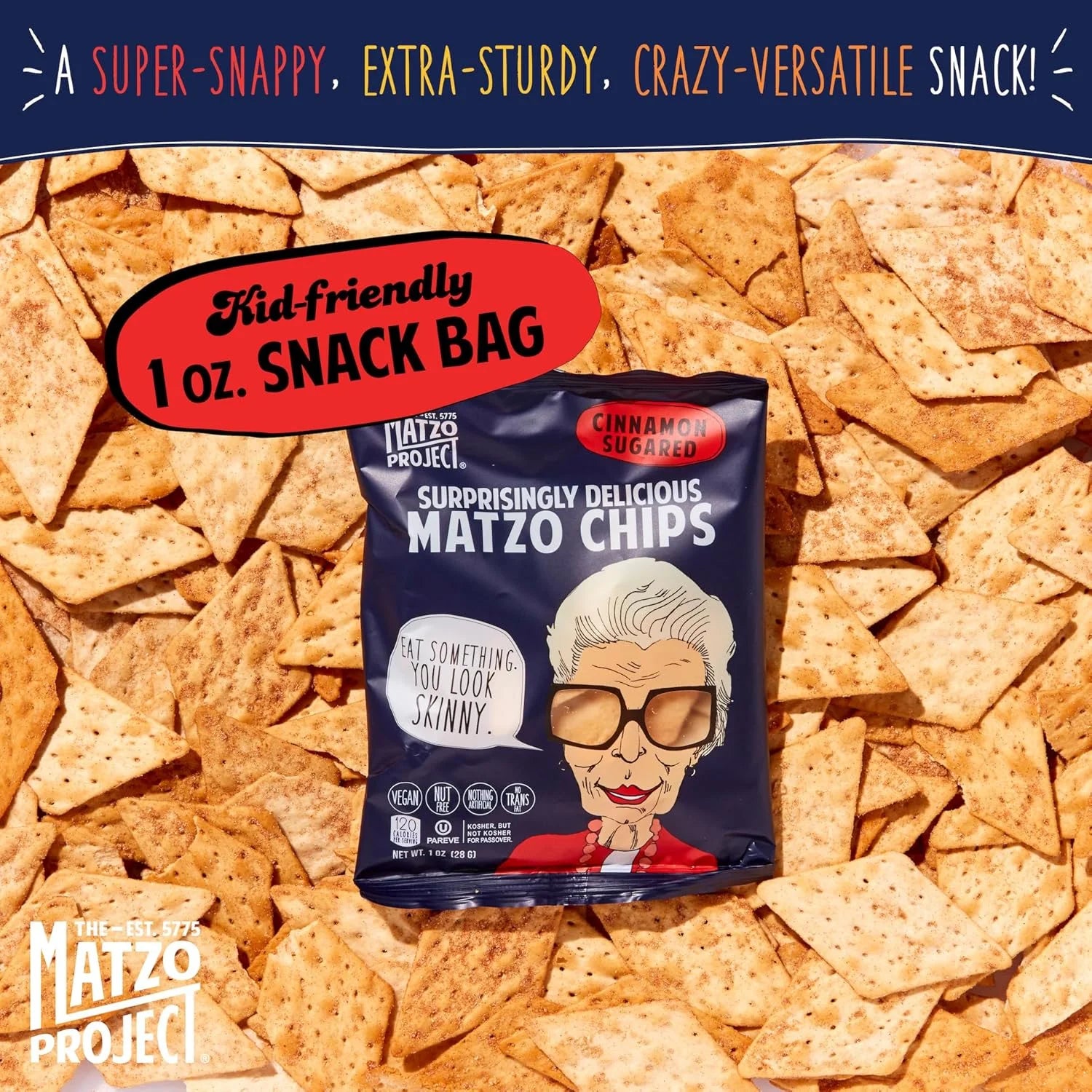 Matzo Chips, Cinnamon Sugared, Kosher (Not Kosher for Passover), Vegan, Nut-Free, Nothing Artificial (1 Oz, 24 Snack Bags)