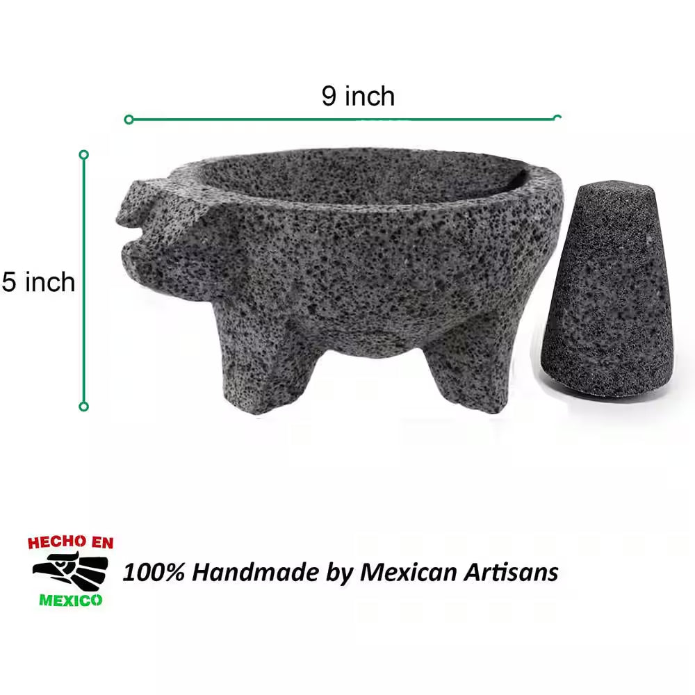 8.6 In. Mexican Hand-Made Lava Stone Mortar and Pestle Ideal as Herb Bowl, Spice Grinder Pig Design