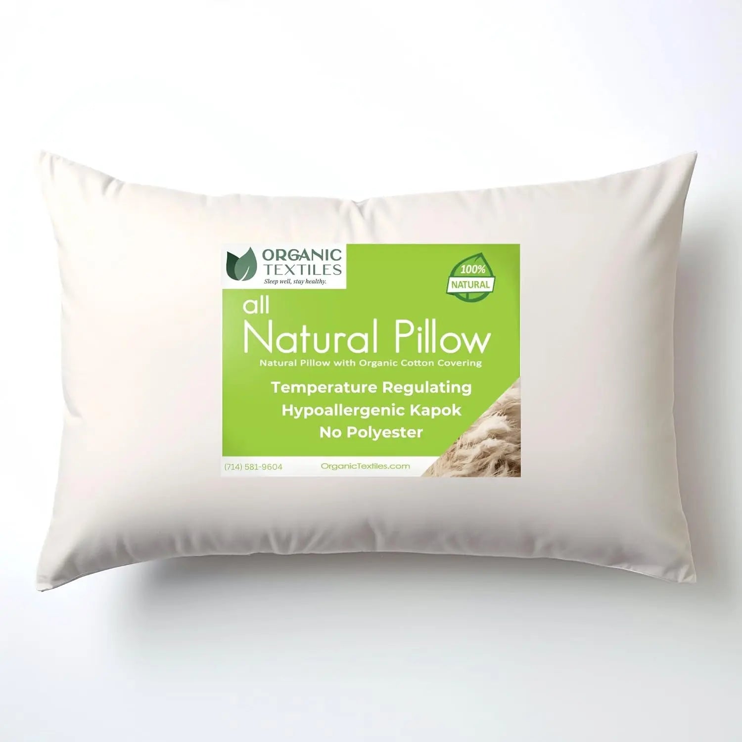 100% Organic Kapok Pillow with Natural Organic Cotton Removable Cover, Machine Washable Ventilated Cover, Organic Fill (Queen - 31"X20")