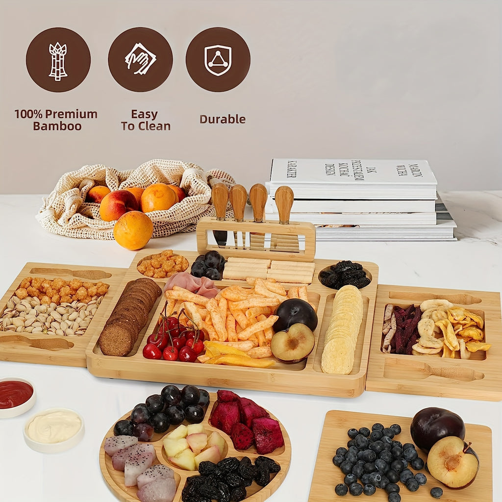 Premium Bamboo Cheese Board Set with Knife, Fork, and Spoon - Perfect for Christmas, Thanksgiving, Easter, Halloween, and More - Includes Cheese Board, Fruit Platter, and Dipping Sauces Chef's Market